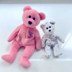 TY Beanie Mum pink bear 2001 and bell silver white Beginning baby 2000 set of 2